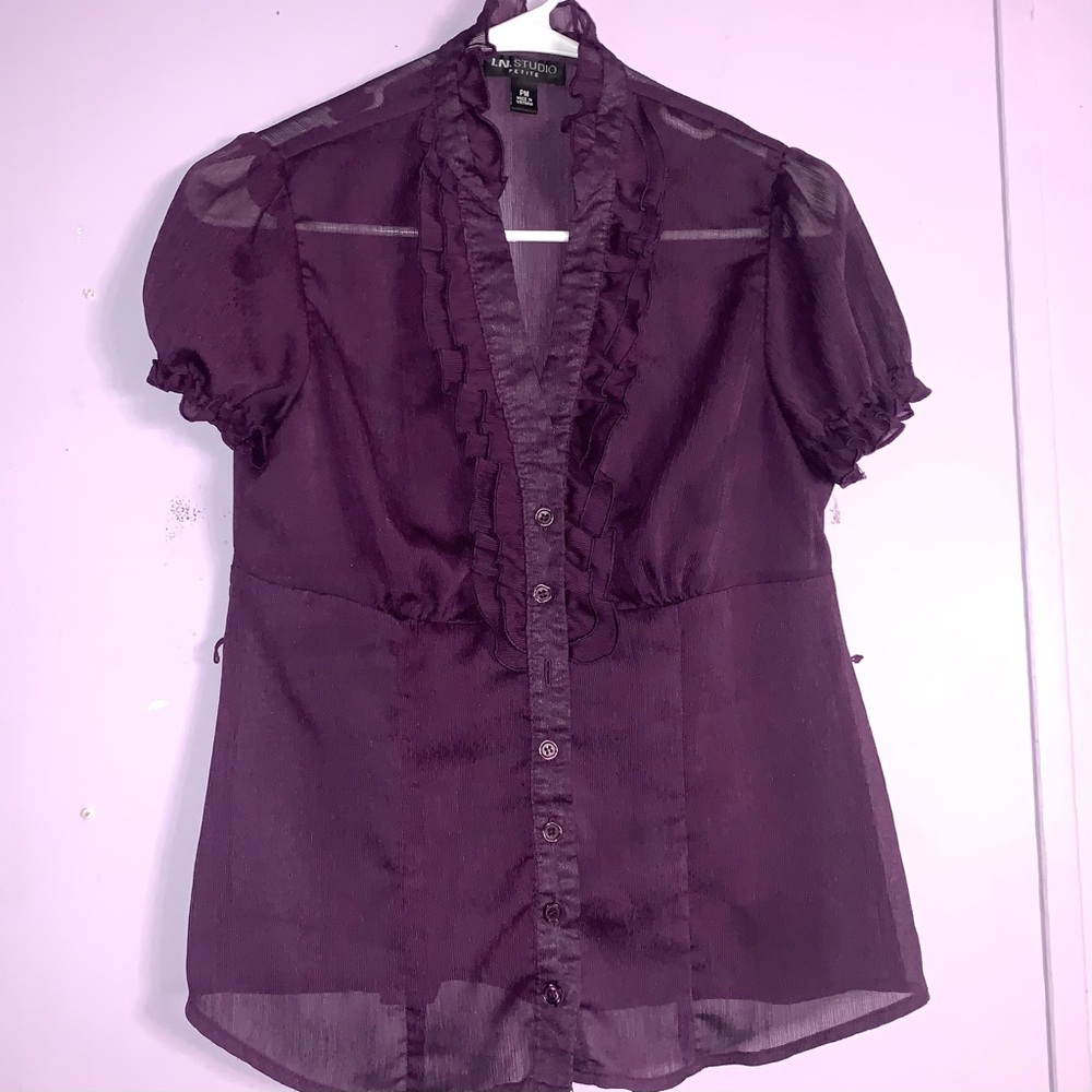 I.N. studio petite button up ruffle blouse
